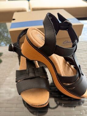 Clarks Black Leather Wedge Sandals with Wood-Look Platform